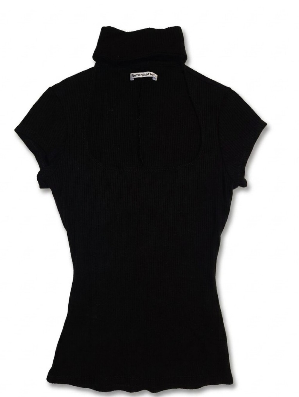 Reformation Black Short-Sleeve Cutout Turtleneck Ribbed Top